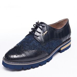 Scottish Women's Harris Tweed and Leather Brogues Lace-up Oxfords Navy US 7 UK 5